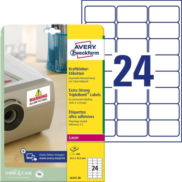 AVERY Zweckform Folien-Kraftklebe-Etiketten L6141-20 weiß 63,5 x 33,9 mm, 20 Blatt