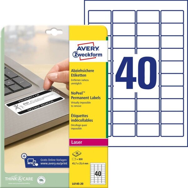 AVERY Zweckform abziehsichere Folienetiketten L6145-20 weiß 45,7 x 25,4 mm, 20 Blatt
