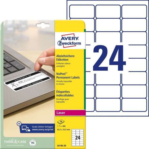 AVERY Zweckform abziehsichere Folienetiketten L6146-20 weiß 63,5 x 33,9 mm, 20 Blatt