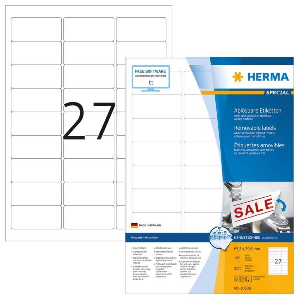 HERMA Etiketten 10300 weiß 63,5 x 29,6 mm, 100 Blatt