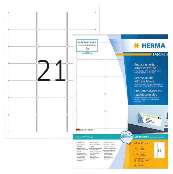 HERMA Adressetiketten 10301 weiß 63,5 x 38,1 mm, 100 Blatt