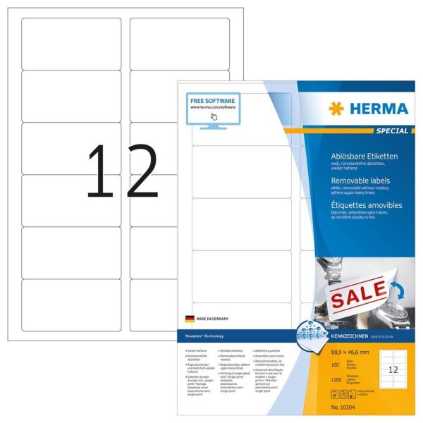 HERMA Etiketten 10304 weiß 88,9 x 46,6 mm, 100 Blatt
