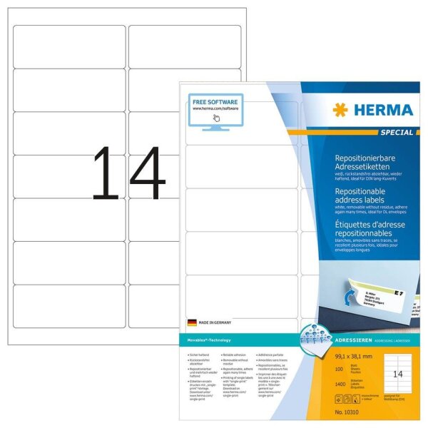 HERMA Adressetiketten 10310 weiß 99,1 x 38,1 mm, 100 Blatt