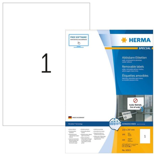 HERMA Etiketten 10315 weiß 210,0 x 297,0 mm, 100 Blatt