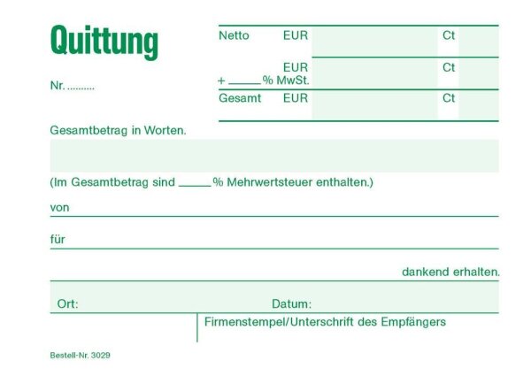 RNK-Verlag Quittung mit MwSt. separat ausgewiesen, mit fortlaufenden Nummern Formularbuch 3029, 1 St.
