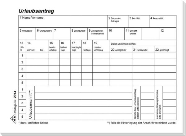 RNK-Verlag Urlaubsabwesenheitsmeldung Formularbücher 2914, 1 St.