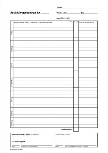 RNK-Verlag Ausbildungsnachweis, tägliche Eintragungen Formularbuch 5082, 1 St.