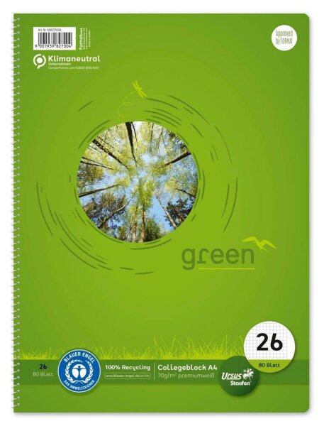 Ursus® Collegeblock green Lineatur 26 kariert DIN A4 Außenrand, 1 Block