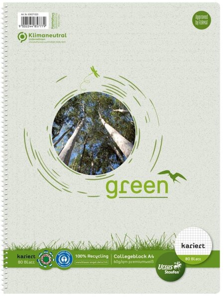 Ursus® Collegeblöcke green kariert DIN A4 ohne Rand, 1 Block