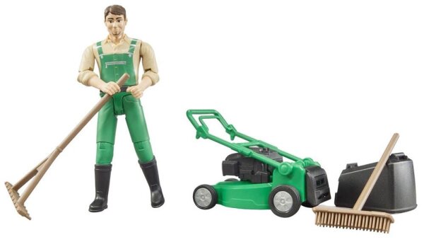 bruder bworld 62103 Gärtner mit Rasenmäher und Gartengeräten Spielfigur