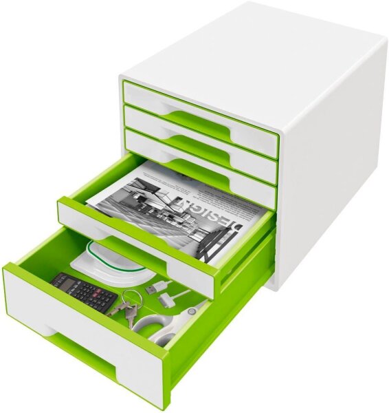 LEITZ Schubladenbox WOW Cube  perlweiß/grün 52142054, DIN A4 mit 5 Schubladen, 1 St.