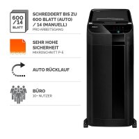 Fellowes AutoMax 600M Aktenvernichter mit Partikelschnitt P-5, 2 x 12 mm, bis 600 Blatt, schwarz