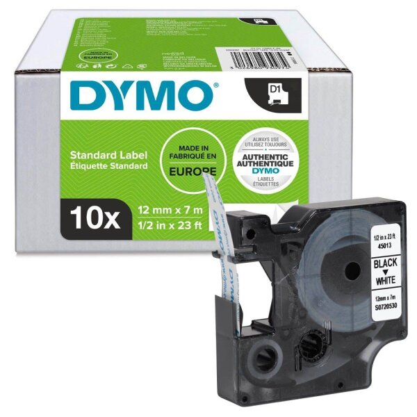 DYMO Schriftbänder D1 45013 2093097 (  10 X S0720530), 12 mm, schwarz auf weiß, 10 St.