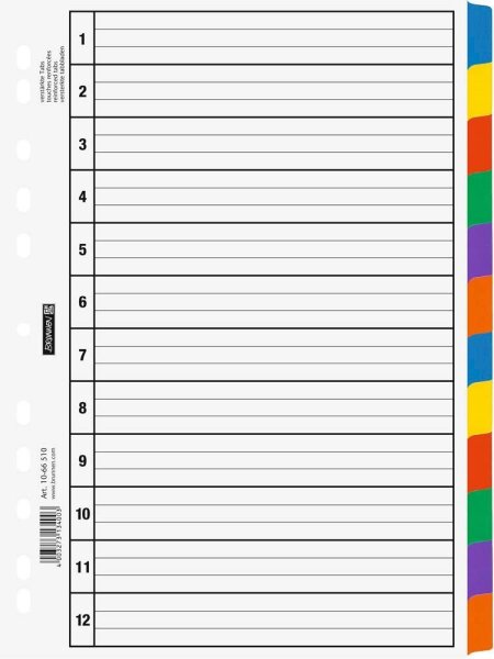 BRUNNEN Ordnerregister DIN A4 Vollformat blanko weiß 12-teilig, 1 Satz