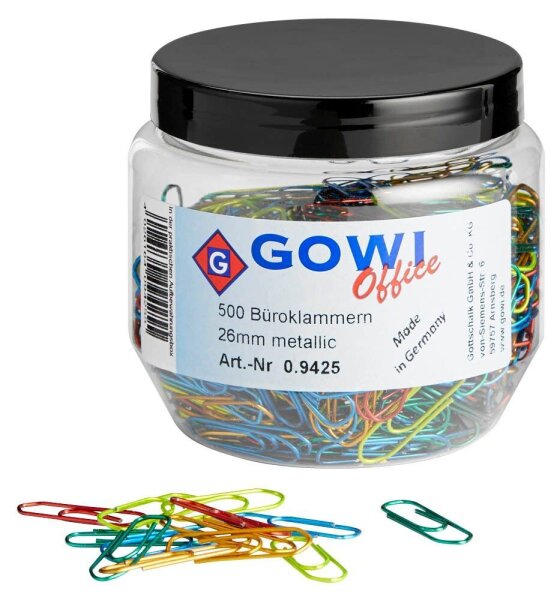 Gowi Büroklammern farbsortiert metallic lackiert , 500 St.