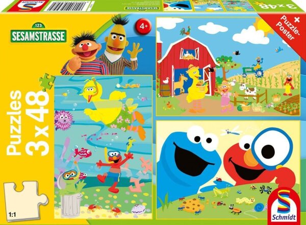 Schmidt Sesamstraße Tierisch stark Puzzle, 3 x 48 Teile