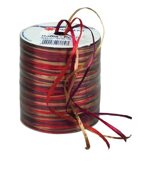 PRÄSENT Geschenkband Raffia glänzend rot/gold 3,0 mm x 50,0 m