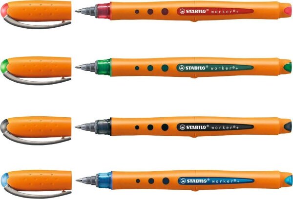 STABILO worker®+ Tintenroller orange 0,3 mm, Schreibfarbe: farbsortiert, 4 St.