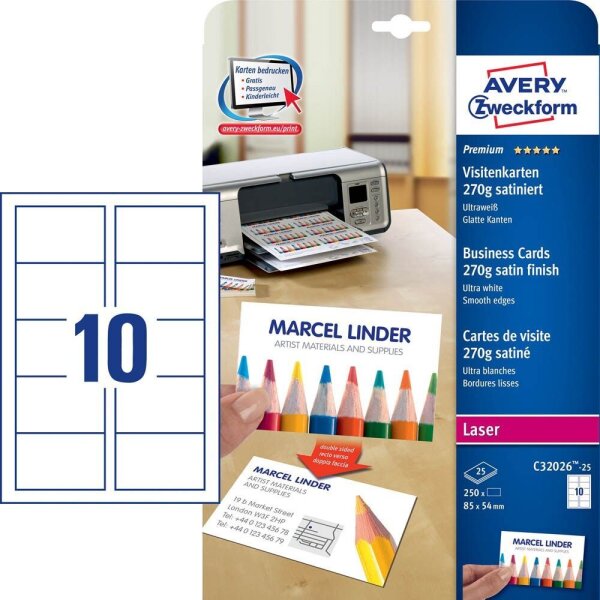 AVERY Zweckform Visitenkarten C32026-25 satiniert weiß 270 g/qm, 250 St.