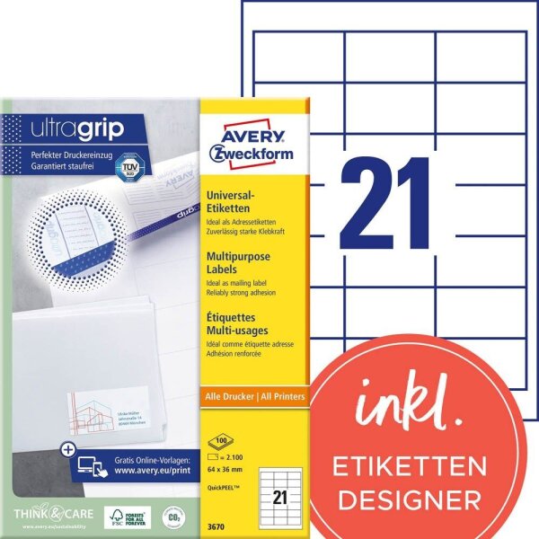 AVERY Zweckform Etiketten 3670 weiß 64,0 x 36,0 mm, 100 Blatt