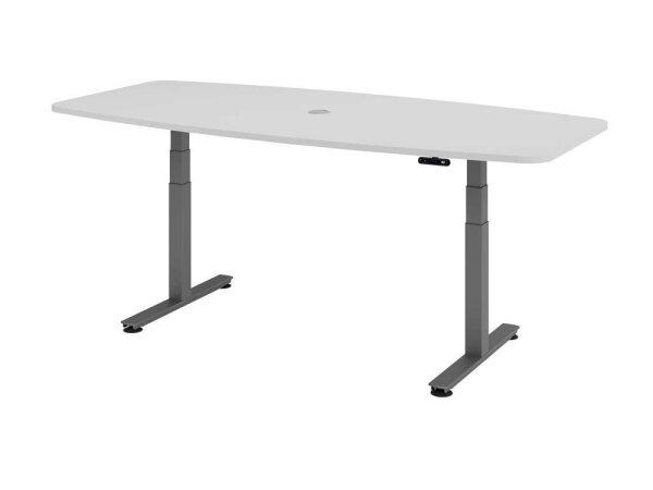 HAMMERBACHER Konferenztisch XDSM22 lichtgrau Tonnenform, T-Fuß-Gestell grau, 220,0 x 83,0/103,0 x 62,0 - 127,0 cm