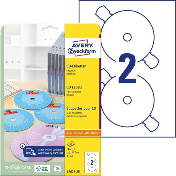 AVERY Zweckform CD-Etiketten L7676-25 weiß, 50 Etiketten