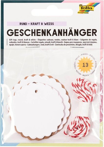 folia Geschenkanhänger weiß, natur Set Rund, 12 St.