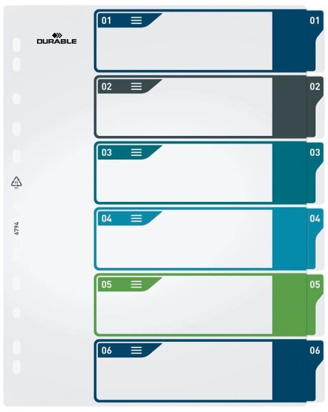 DURABLE Ordnerregister DIN A4 Überbreite 1-6 farbig 6-teilig, 1 Satz