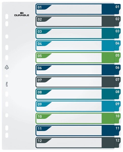 DURABLE Ordnerregister DIN A4 Überbreite 1-12 farbig 12-teilig, 1 Satz