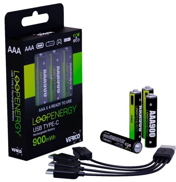 VERICO USB-Akkus mit Ladekabel LoopEnergy AAA900 Li-Ion Micro AAA 600 mAh, 4 St.