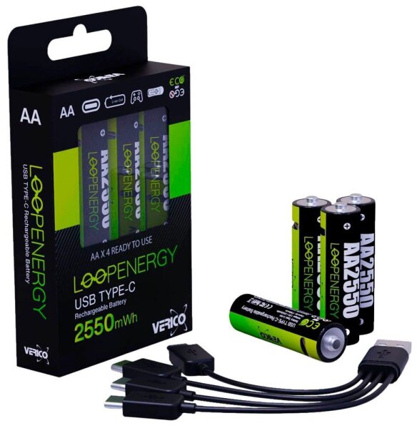VERICO USB-Akkus mit Ladekabel LoopEnergy AA2550 Li-Ion Mignon AA 1700 mAh, 4 St.