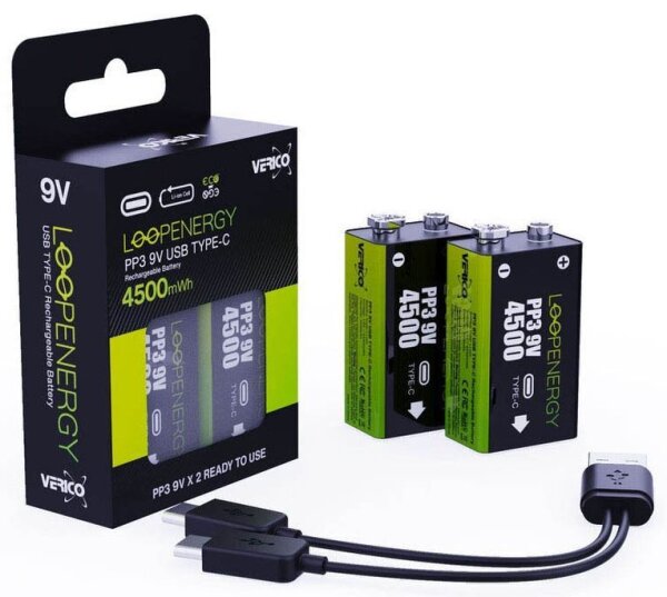 VERICO USB-Akkus mit Ladekabel LoopEnergy PP3 9V Li-Ion E-Block 500 mAh, 2 St.