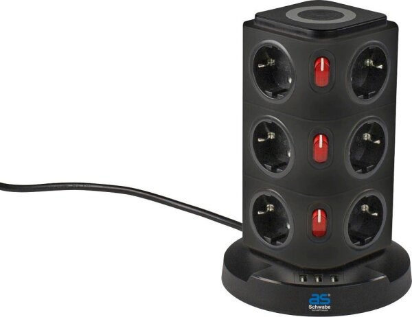 as-Schwabe QI-Wireless Ladestation 12-fach Steckdosenturm 2,0 m schwarz mit USB-Buchse