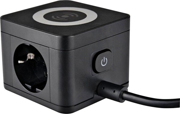 as-Schwabe QI-Wireless Ladestation 2-fach Steckdosenturm 1,5 m schwarz mit USB-Buchse