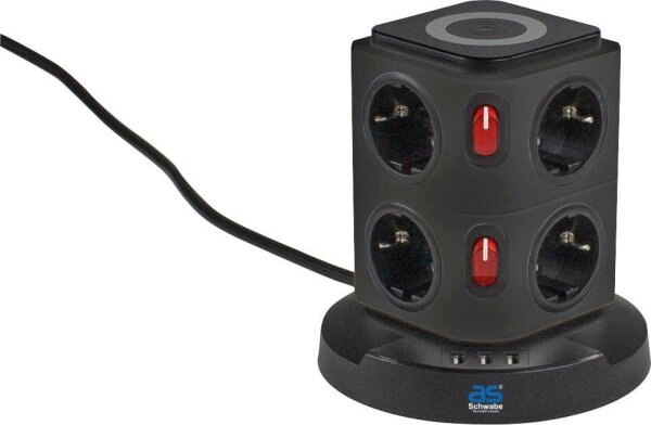 as-Schwabe QI-Wireless Ladestation 8-fach Steckdosenturm 2,0 m schwarz