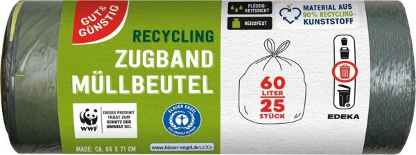 GUT&GÜNSTIG Müllbeutel RECYCLING 60,0 l schwarz, 25 St.