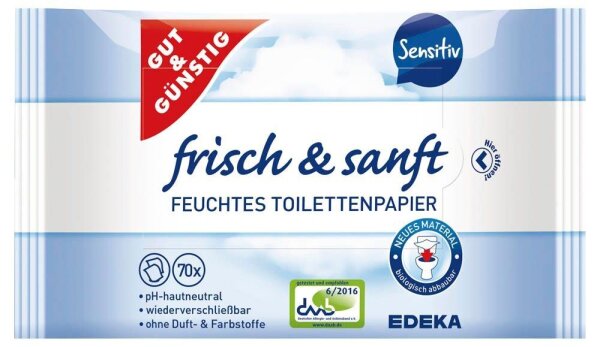 GUT&GÜNSTIG Feuchtes Toilettenpapier frisch & sanft Sensitiv 1-lagig, 2x 70 Tücher