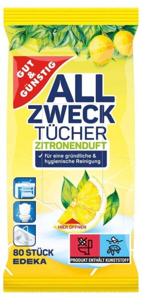 GUT&GÜNSTIG feuchte Allzweck-Reinigungstücher ZITRONENDUFT 1-lagig weiß, 80 Tücher