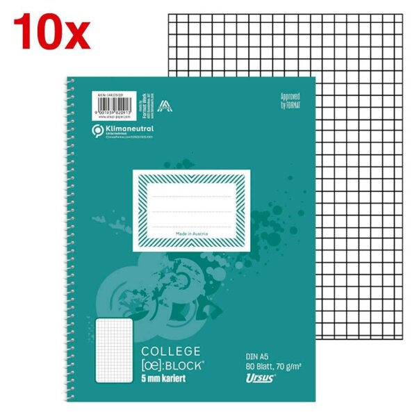 Ursus® Collegeblöcke Kleinformat kariert DIN A5 Innenrand, 10 Blöcke