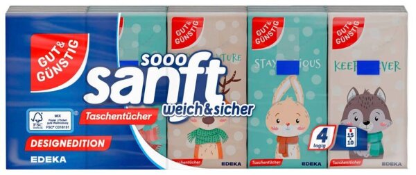 GUT&GÜNSTIG Taschentücher sanft weich & sicher - Designedition 4-lagig weiß, 15x 10 Tücher