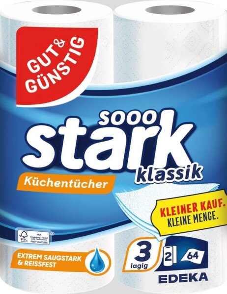 GUT&GÜNSTIG Küchenrollen stark klassik 3-lagig, 2 Rollen