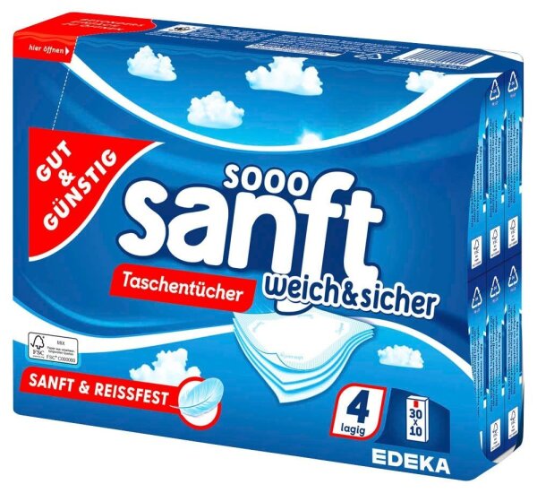 GUT&GÜNSTIG Taschentücher sanft weich & sicher 4-lagig weiß, 30x 10 Tücher